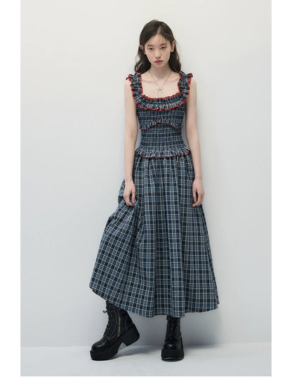 Navy Blue Plaid Off-Shoulder Maxi Dress with Red Contrast Trim