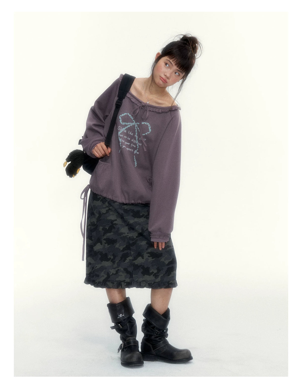 Deep Purple Bow-Tie Lettuce-Trim Off-Shoulder Sweatshirt