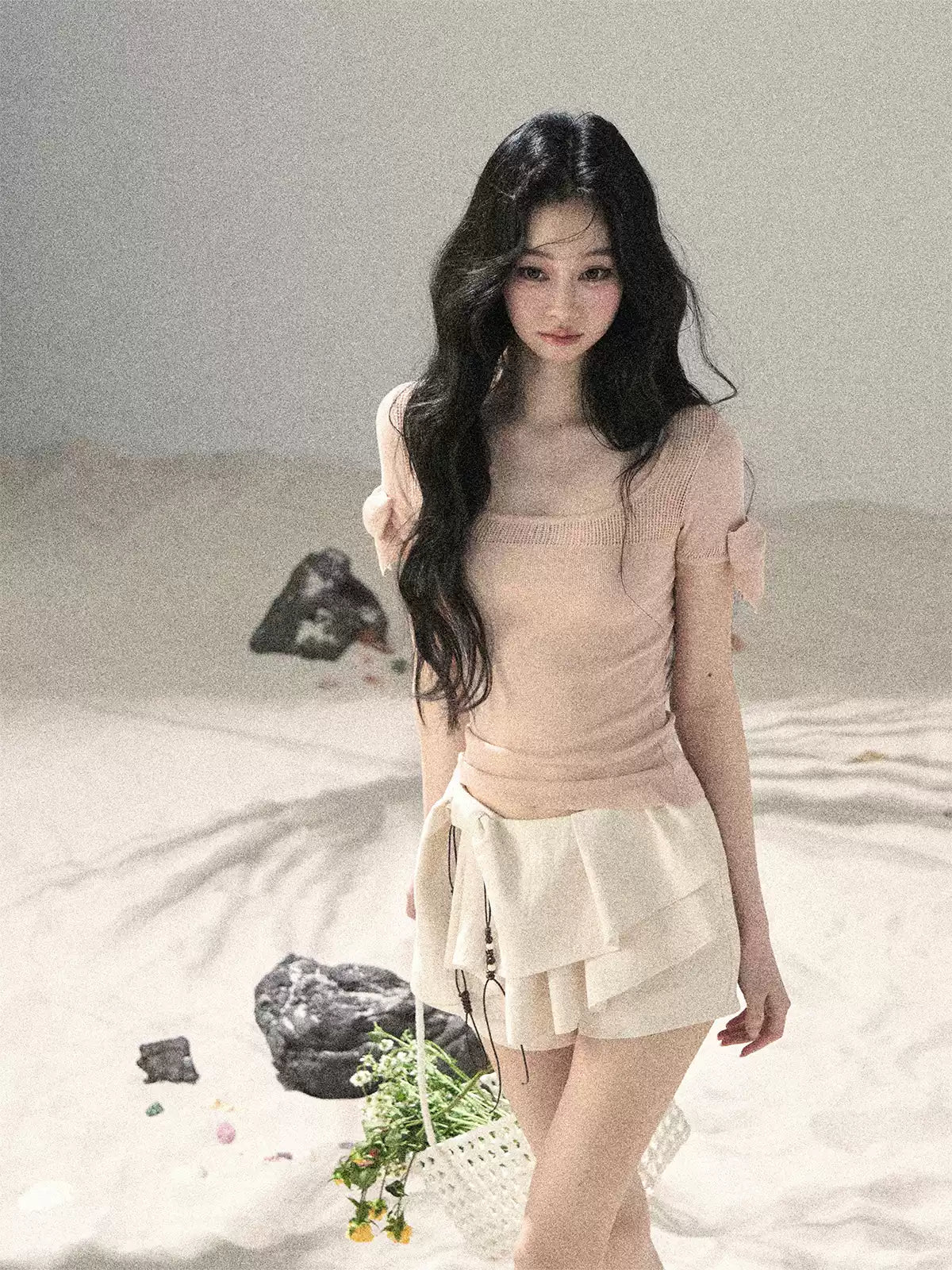 "Gentle Ocean Tide" Baby Pink Cutout Knit Crop Top 75511