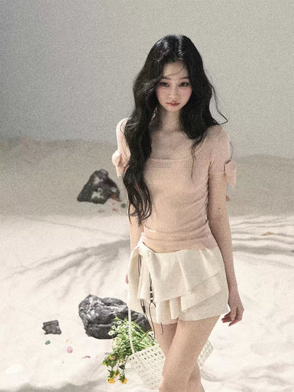 "Gentle Ocean Tide" Baby Pink Cutout Knit Crop Top 75511