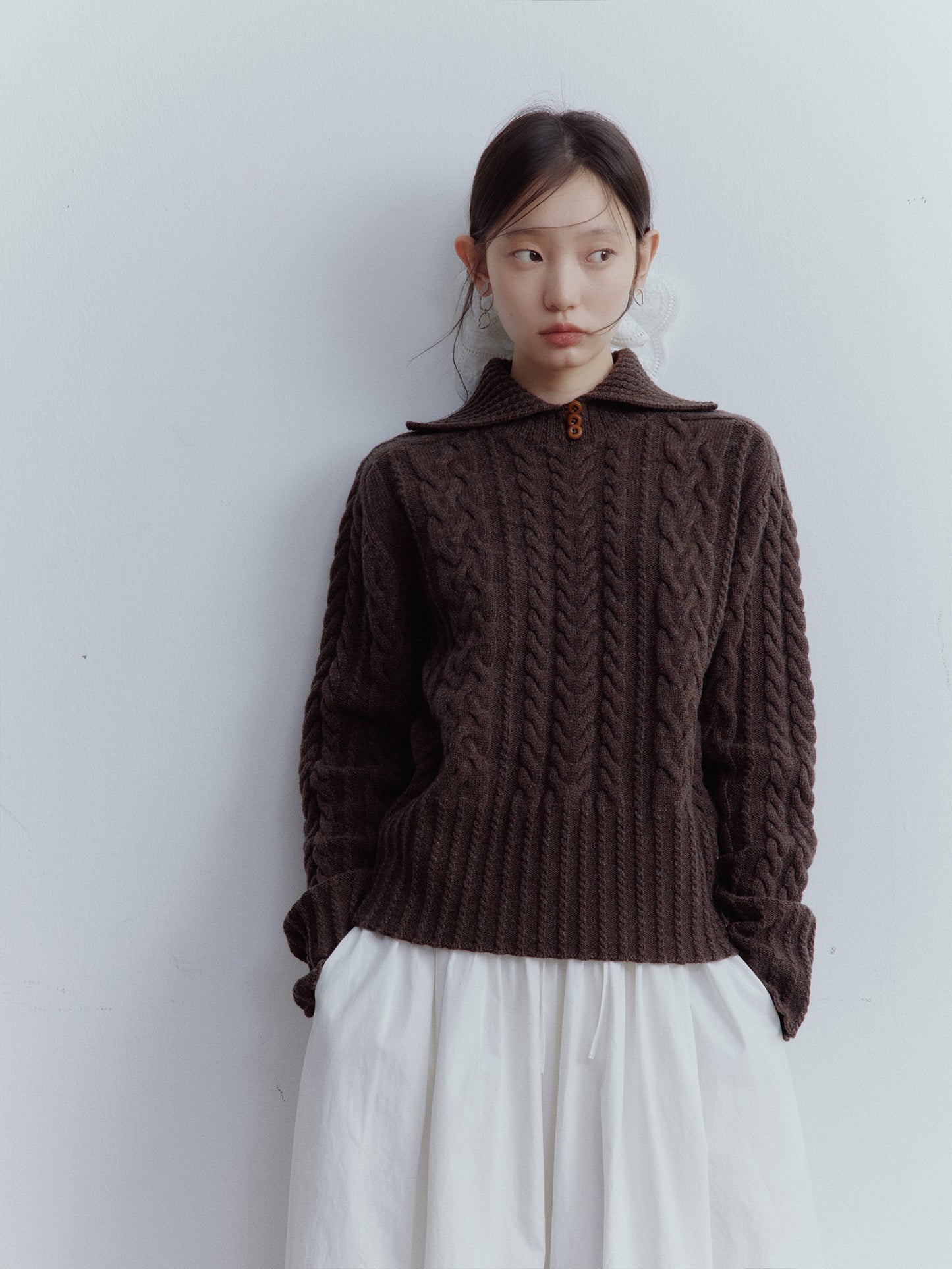 FUSSED Hazelnut Brown Vintage Cable Knit Wool Pullover Sweater FOF-25SS164b