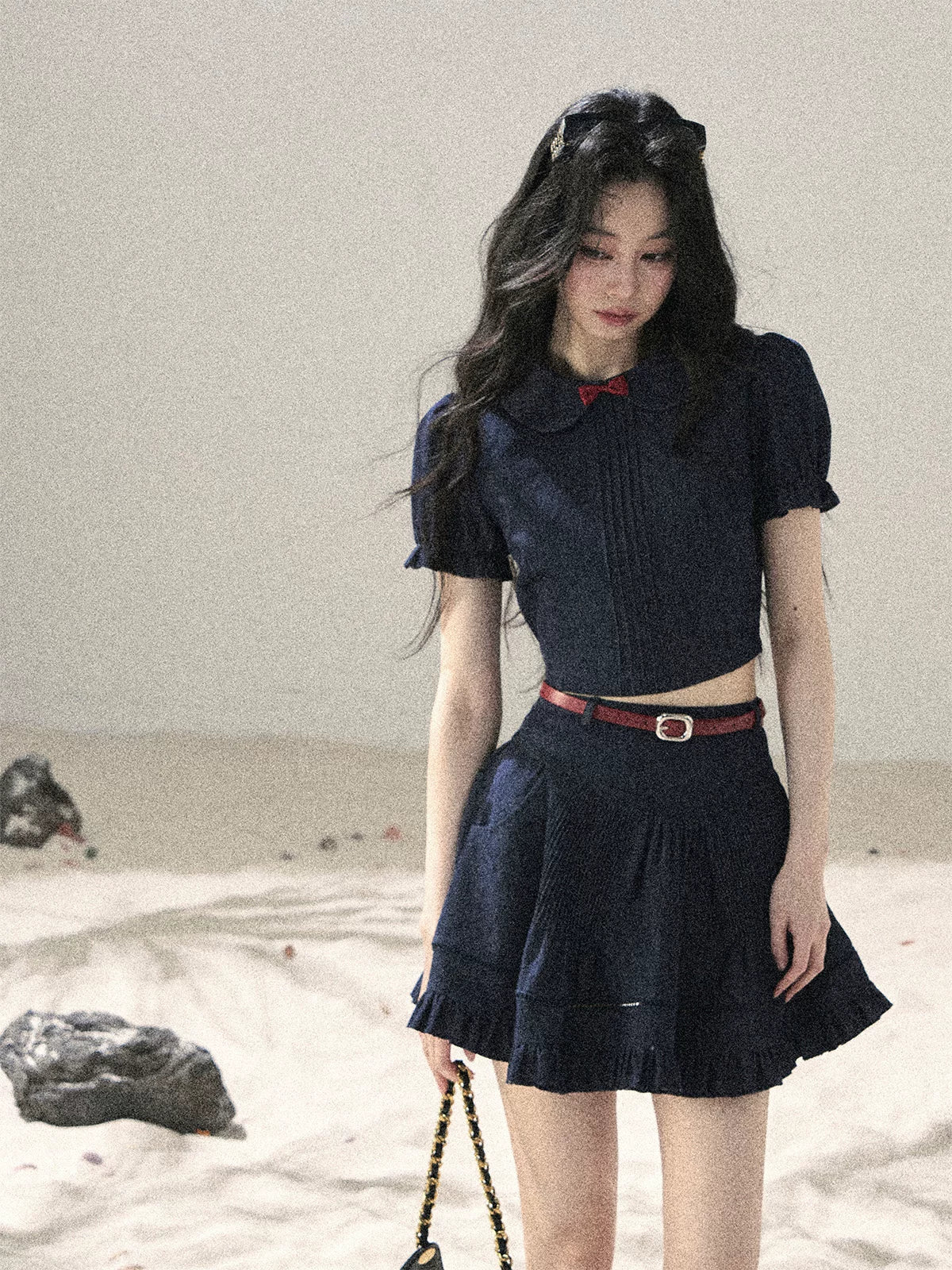 "Seaside Breeze" Navy Blue Denim Pleated Top & Mini Skirt Two-Piece Set