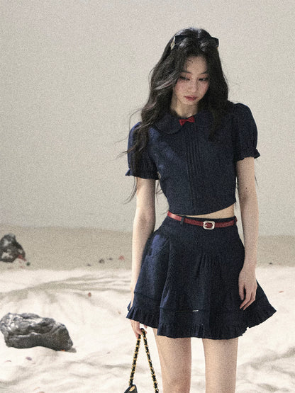 "Seaside Breeze" Navy Blue Denim Pleated Top & Mini Skirt Two-Piece Set