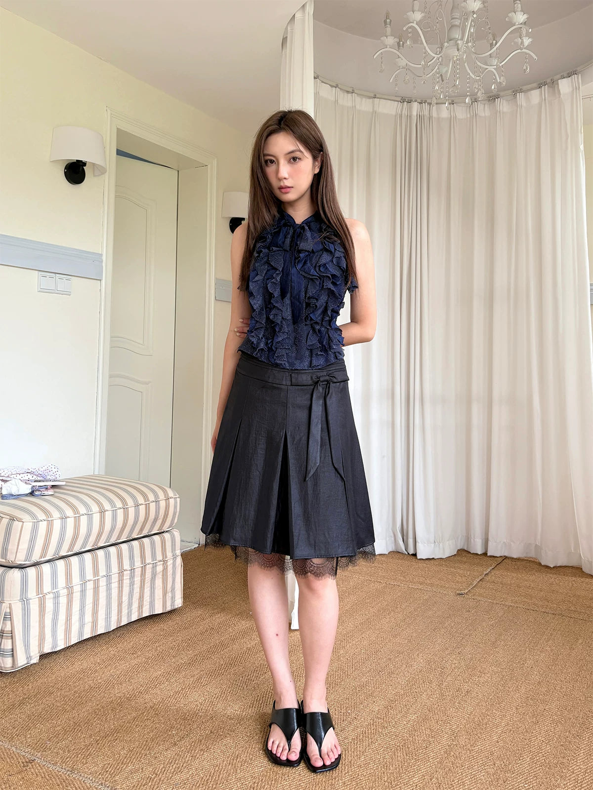 LOST FOREST - Satin Lace Midi Skirt with Bow Detail (Red-Brown / Deep Black)