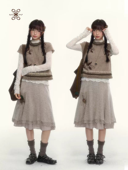Milk Coffee Vintage Lace Knit A-Line Skirt