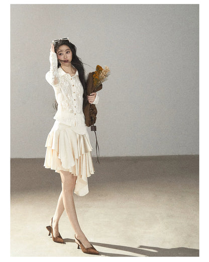 AOMALM - "Vine Texture" Dutch Cream French Lace Polo Collar Cutout Cropped Top