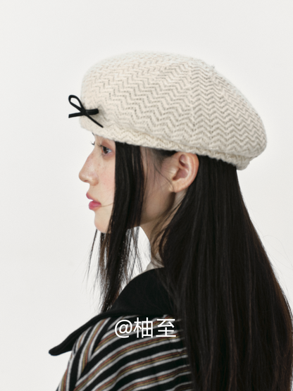 Ivory Cream Bow Knit Beret – Women's French Artist Hat