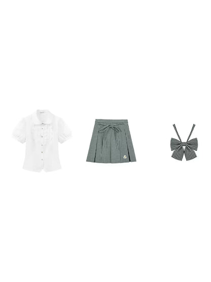“Spring Day” White & Green School Blouse & Plaid Skirt Set