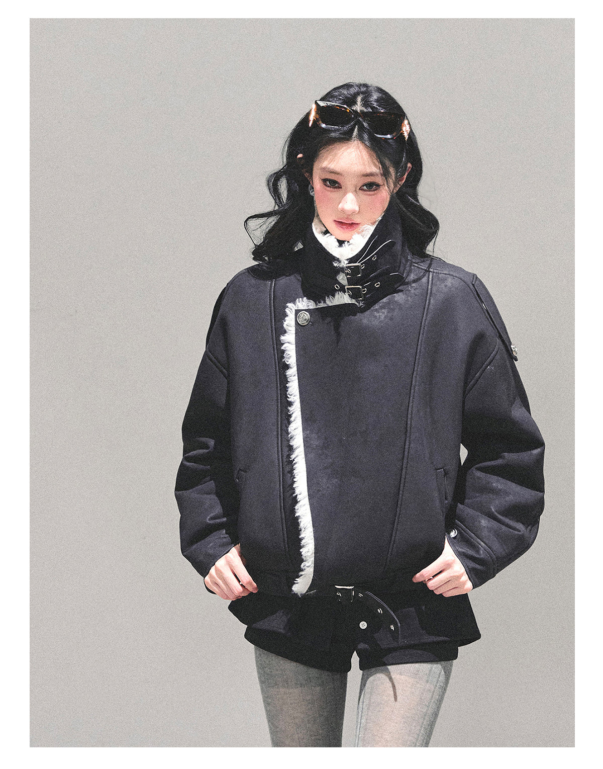 少也眼 "Time’s Hidden Reef" Faux Fur-Lined Cotton Jacket with Belt 8731321