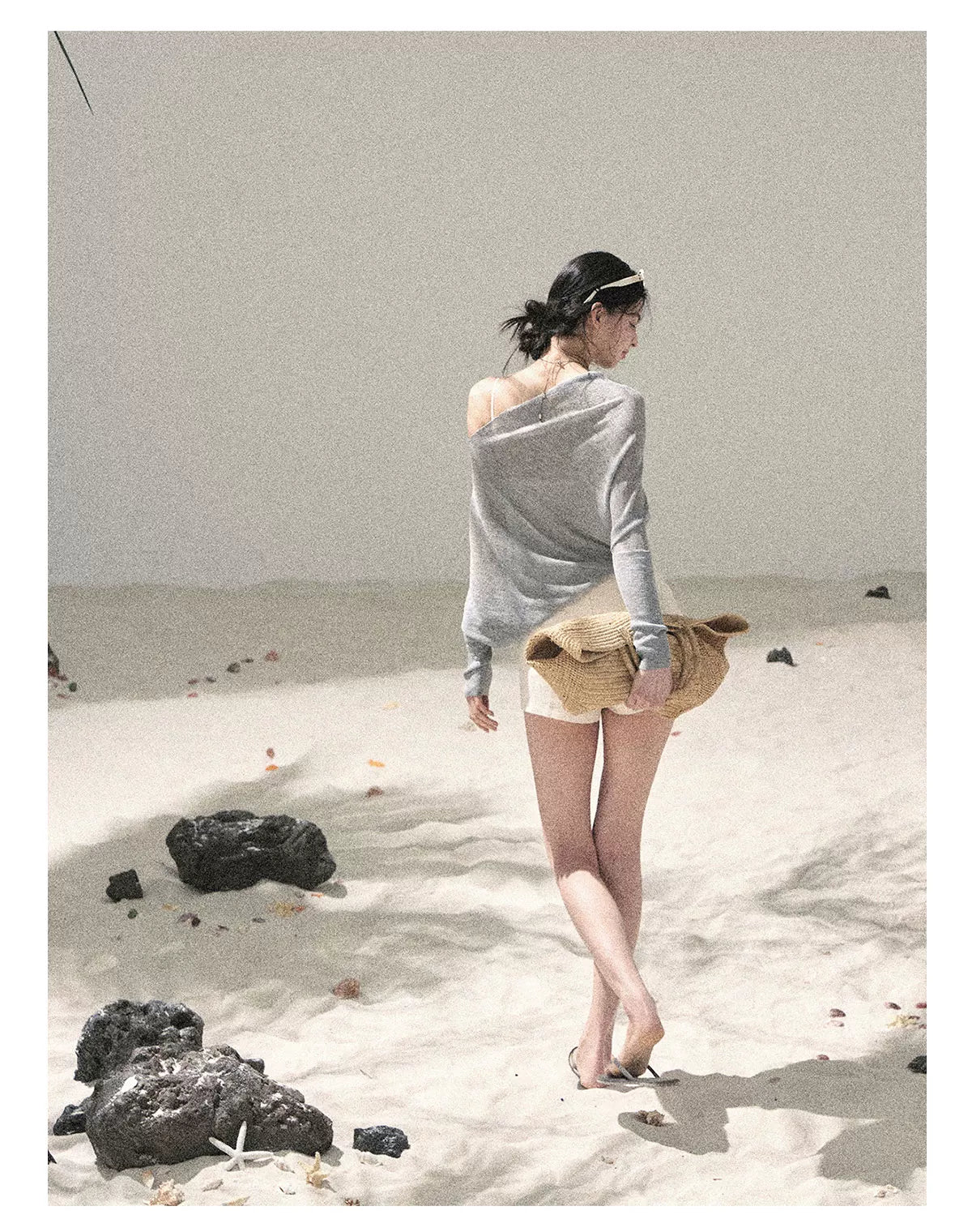 "Misty Veil Whisper" Cloud Trail Gray Off-Shoulder Sheer Sun Protection Top 5345634