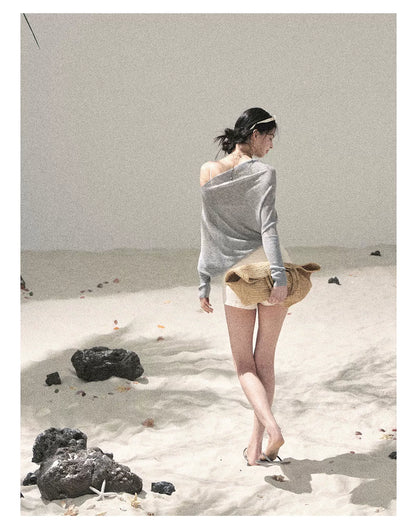 "Misty Veil Whisper" Cloud Trail Gray Off-Shoulder Sheer Sun Protection Top 5345634