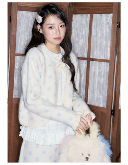 [RF] Ice Blue Polka Dot Knit Cardigan & Midi Skirt Set