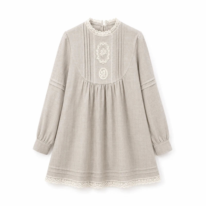DAILY ARTIST - “Pale Twilight Sequence” Vintage Lace Appliqué Babydoll Dress (Light Brown / Pale Yellow)