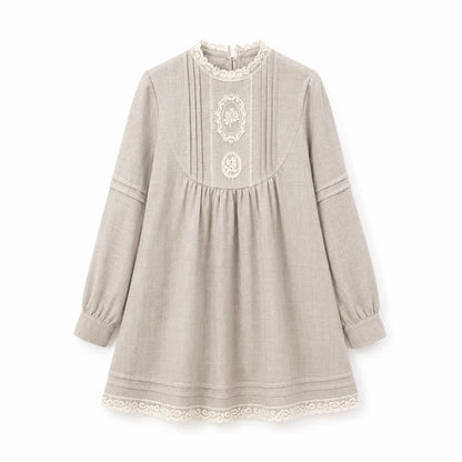 DAILY ARTIST - “Pale Twilight Sequence” Vintage Lace Appliqué Babydoll Dress (Light Brown / Pale Yellow)