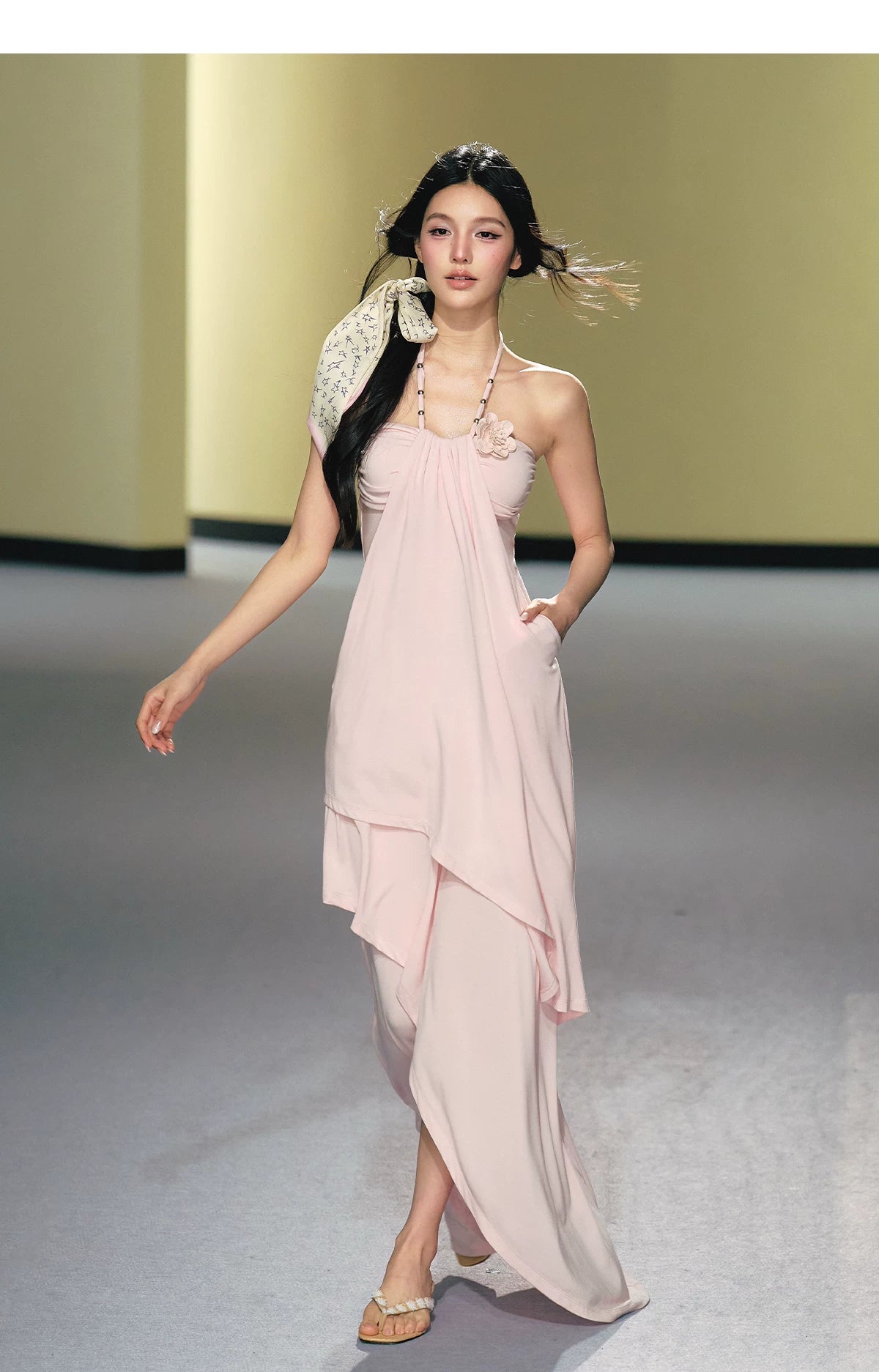 "Moonlit Reverie" Halter Layered Maxi Dress (Black/ Blush Pink)