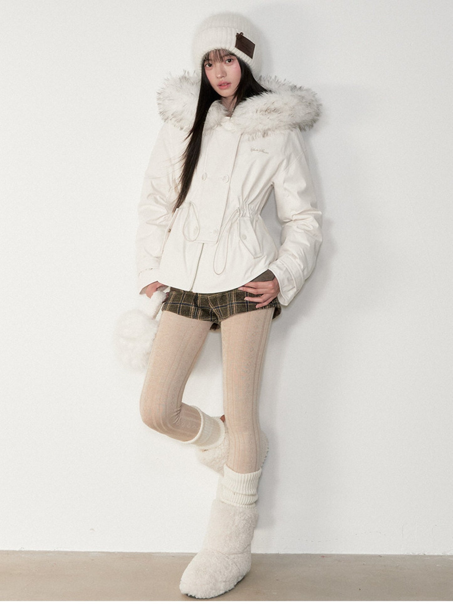 Soote Season - “Cloud Waistline” Cloud Mist White Faux Fur Collar Cinched Puffer Parka