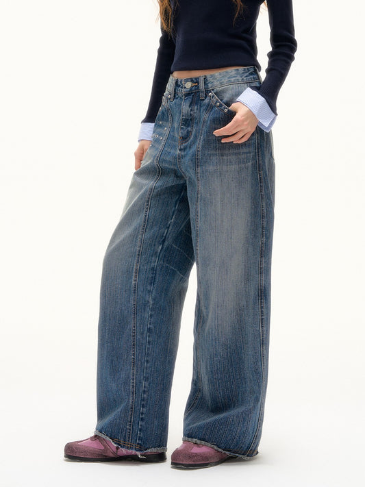 ASGONY - Y2K Studded Curved-Cut Wide Leg Jeans