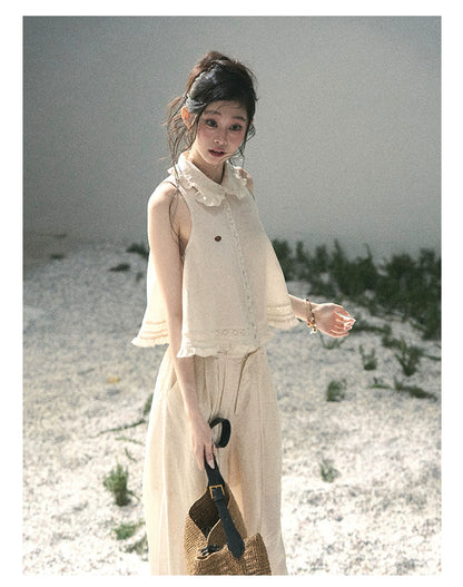 "Soft Cloud Reverie" Dutch Cream Lace Top & Bubble Skirt & Wide-Leg Pants Set 5468465