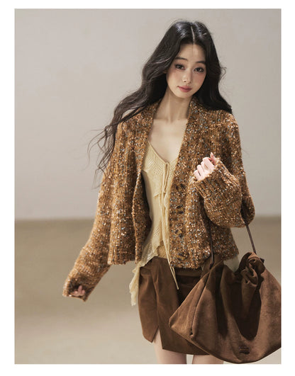 AOMALM - "The Gap of Light" Cheese Yellow Korean Ruffle Lace-Trim Knit Cardigan
