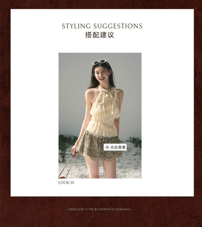 “Spring Traces in Tulle” Pale Butter Lace Halter Top