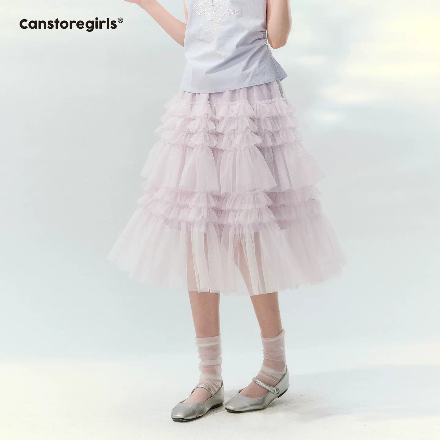 “Taro Peach Layers” Dusty Lilac Tiered Tulle Midi Skirt