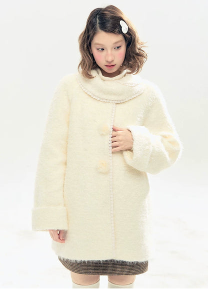 "Snow-Kissed Sakura" Ivory Wool-Blend Quilted Mid-Length Coat with Detachable Plush Flowers