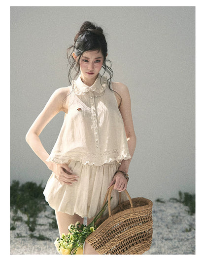 "Soft Cloud Reverie" Dutch Cream Lace Top & Bubble Skirt & Wide-Leg Pants Set 5468465
