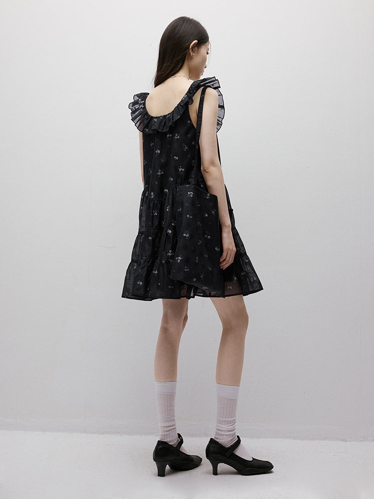 FUSSED Dropping Flora Burnout Floral Babydoll Dress – Dark Blue Short Version FOF-25SS036b
