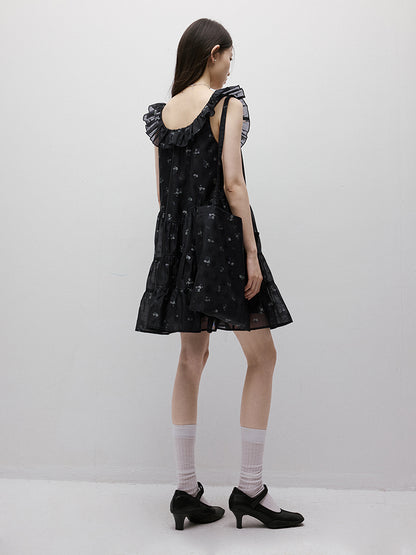 FUSSED Dropping Flora Burnout Floral Babydoll Dress – Dark Blue Short Version FOF-25SS036b