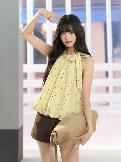 "Golden Departure" Yellow Polka Dot Halter Babydoll Top