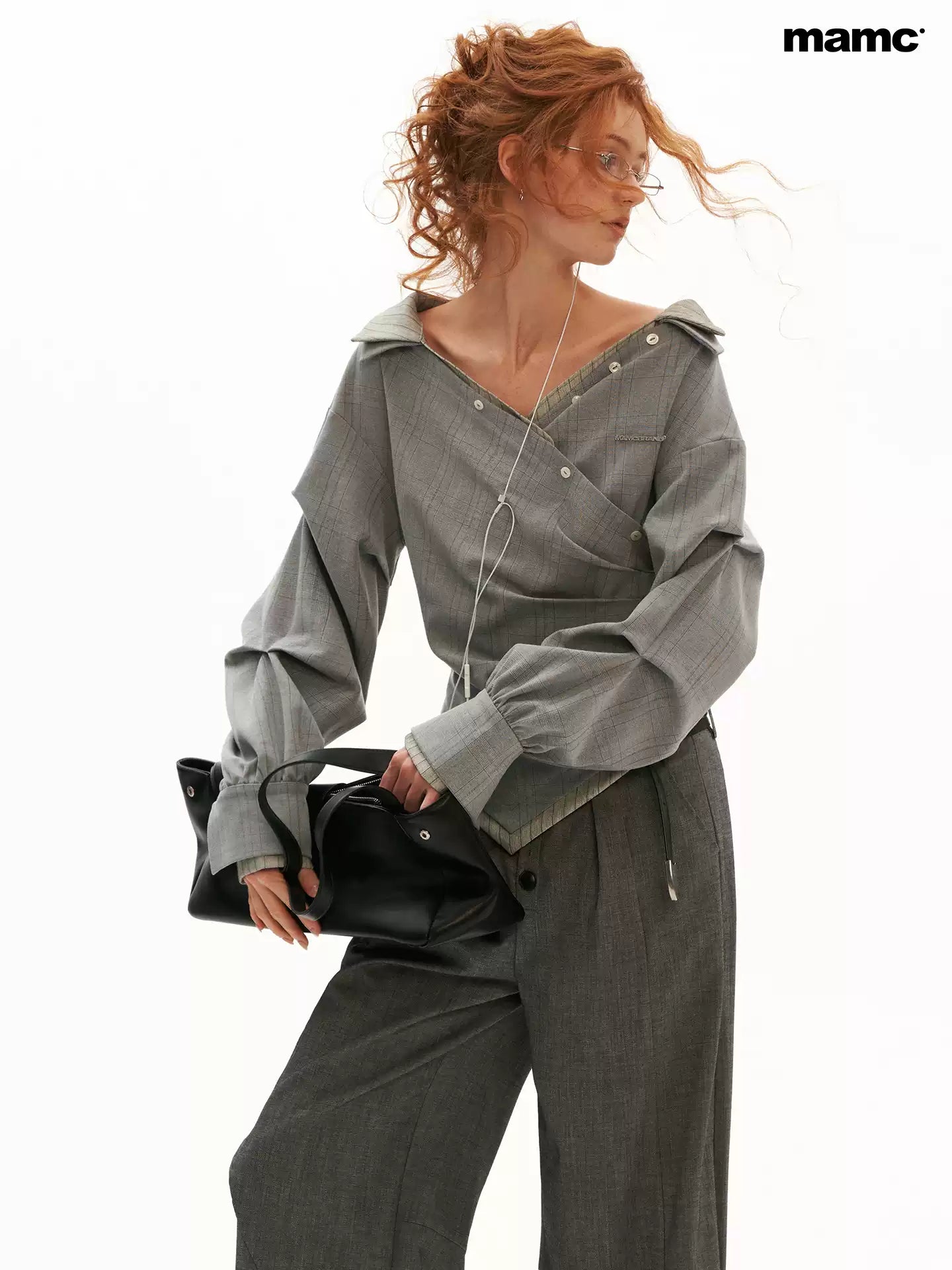 MAMC - Gray Textured Plaid Off-Shoulder Wrap Shirt