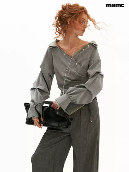 MAMC - Gray Textured Plaid Off-Shoulder Wrap Shirt