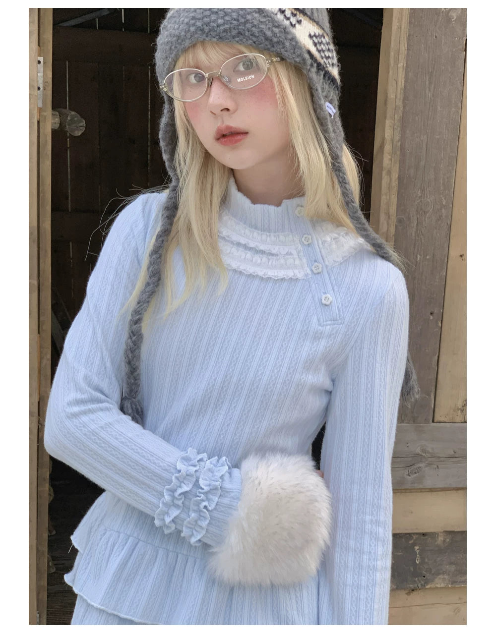 RF - Light Blue Ribbed Knit Top with Lace Collar and Double Ruffle Hem