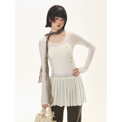 "Spring Memoir" TENCEL™ Wool Pleated Knit Midi Dress (Oat Gray/ Butter Cream)