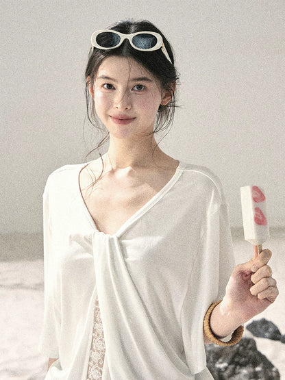 "Undisturbed Mist" Cloud White Lace Cutout V-Neck T-Shirt 45638453
