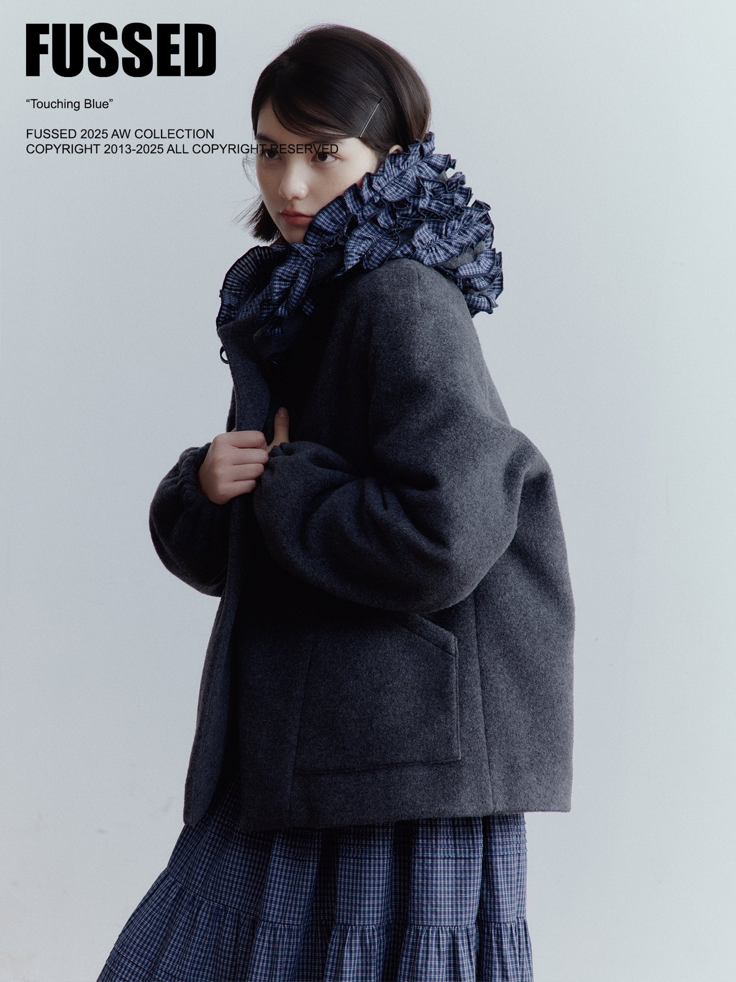 FUSSED Strange Circus Wool Hooded Ruffle-Trim Coat in Deep Heather Grey FOF-25SS137