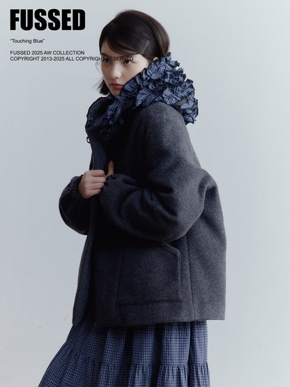 FUSSED Strange Circus Wool Hooded Ruffle-Trim Coat in Deep Heather Grey FOF-25SS137
