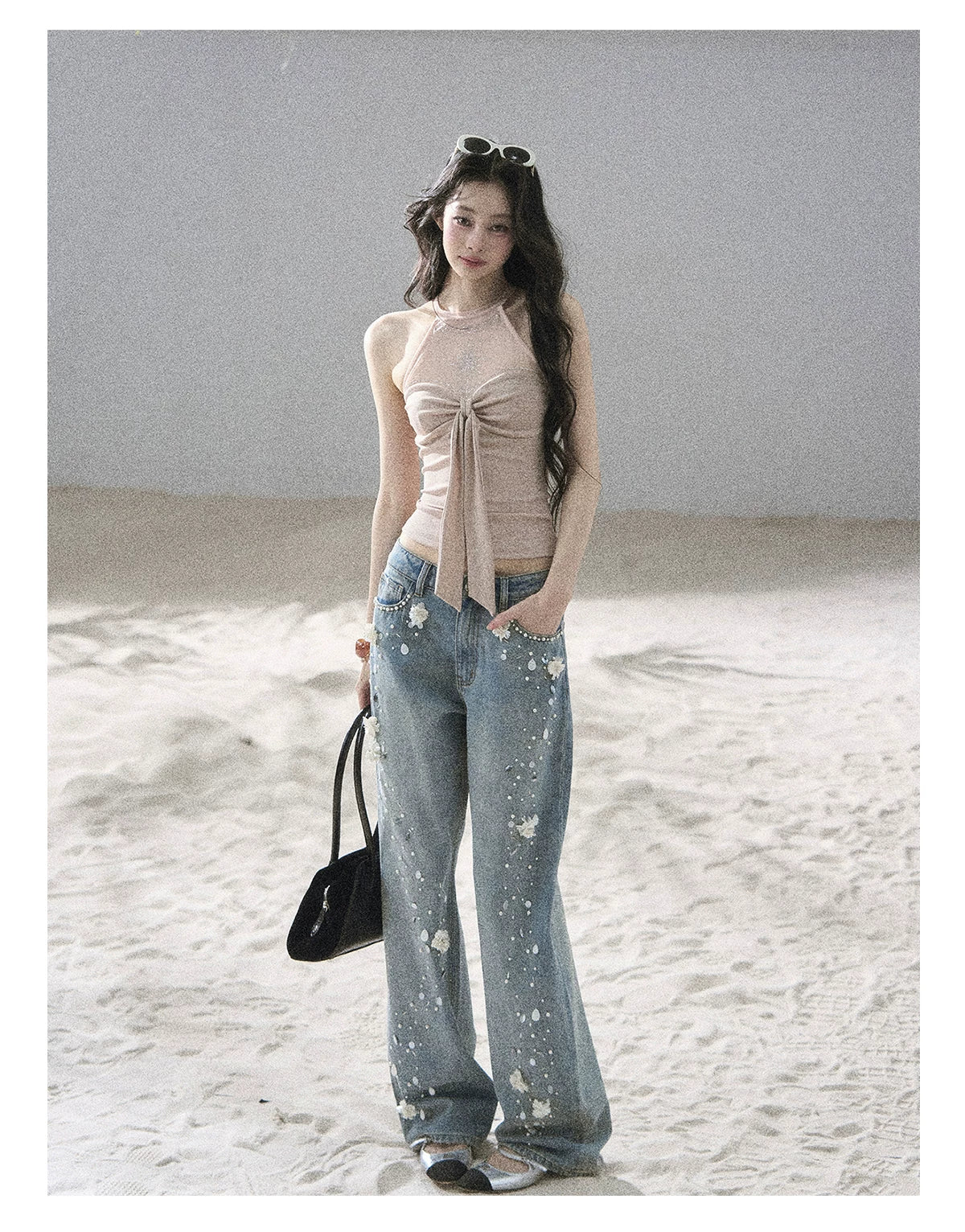 "Galaxy in Your Eyes" Milk Tea Halter Mesh Knit Top