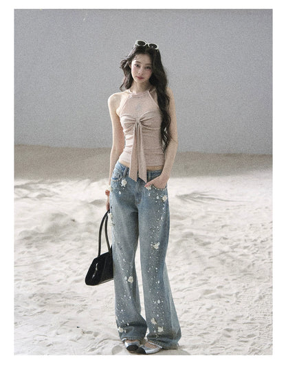 "Galaxy in Your Eyes" Milk Tea Halter Mesh Knit Top