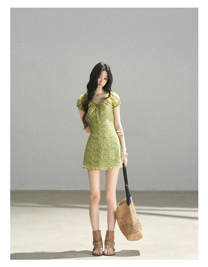"Breath of the Forest" Misty Sage Embroidered Chiffon Mini Dress