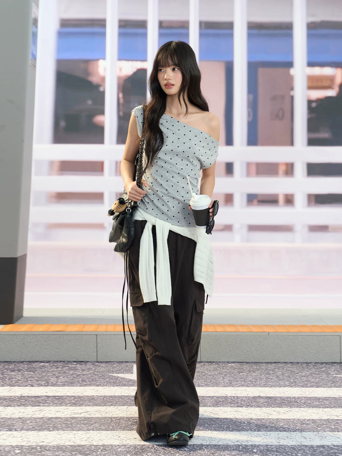 "Polished Departure" Polka Dot Off-Shoulder Ruched T-Shirt (White, Gray)