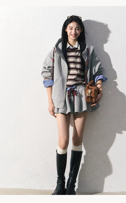 OAKMOO/ "A Trace of Self" Light Heather Gray Miu-Inspired Sporty Hoodie & Skirt Set
