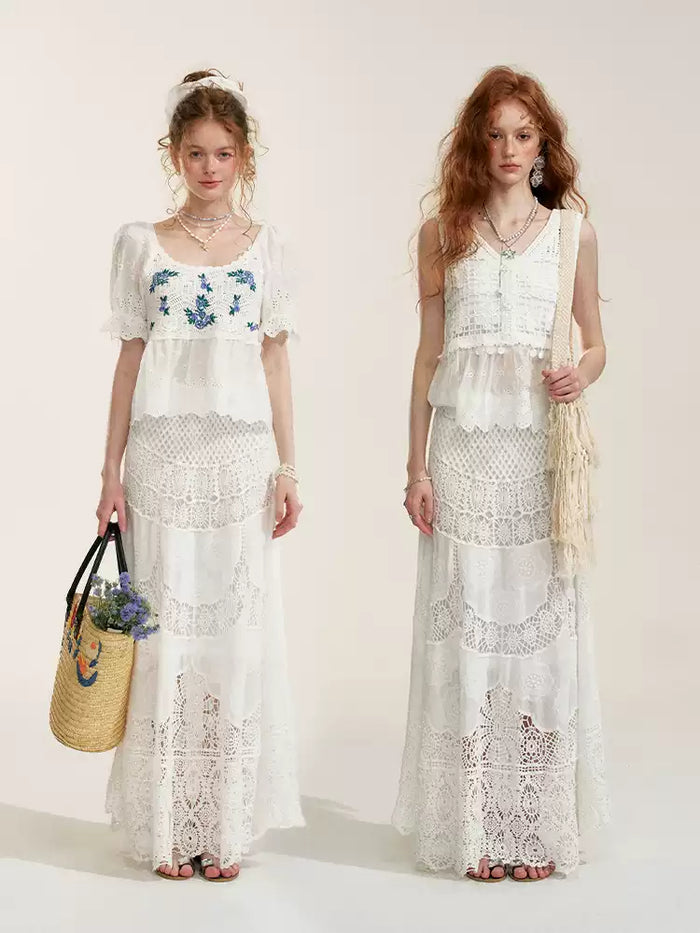 White Floral Embroidery Crochet-Detail Blouse