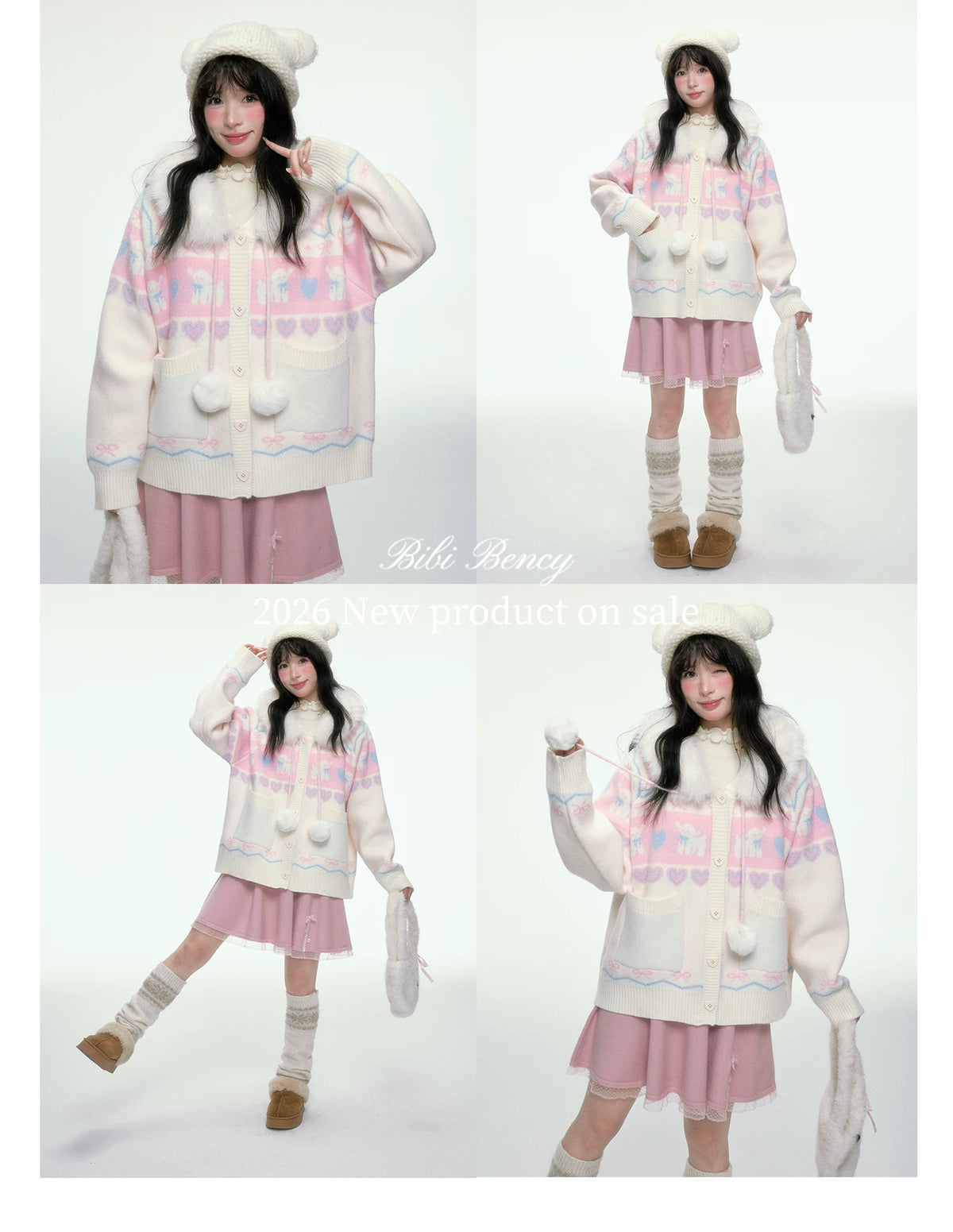 BIBIBENCY - Pink and White Hooded Knit Cardigan with Faux Fur Trim