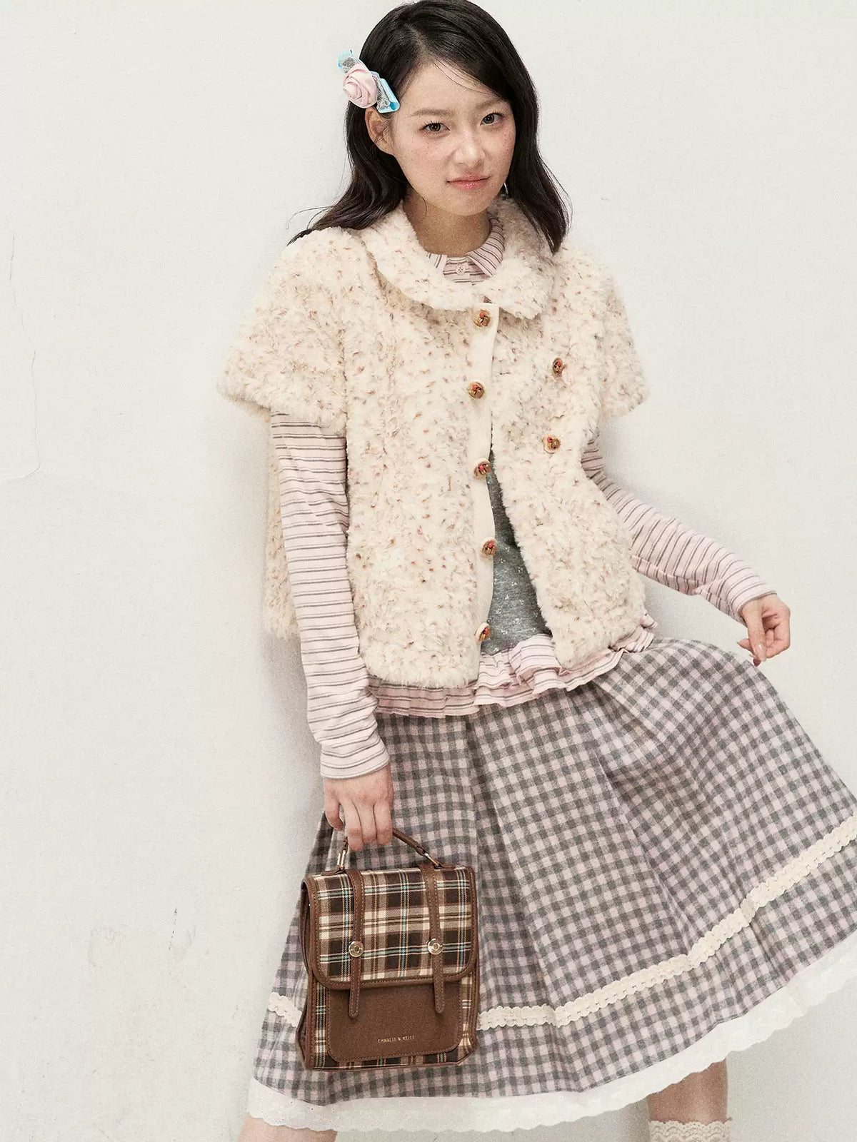 [RF] Cream Beige & Chestnut Speckle Plush Short-Sleeve Vest Jacket with Peter Pan Collar