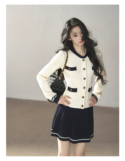 AOMALM - Creamy Off-White Cardigan & Navy Mini Skirt Set