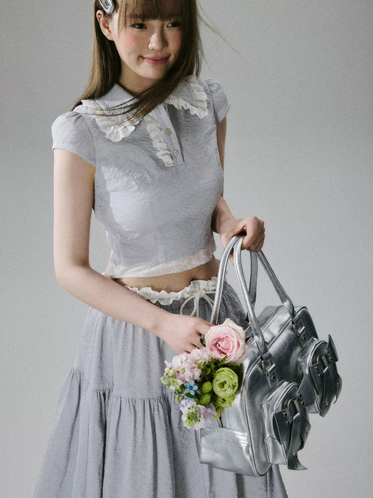 LOST FOREST - Gray Blue Fitted Top & Low-Waist Skirt Set