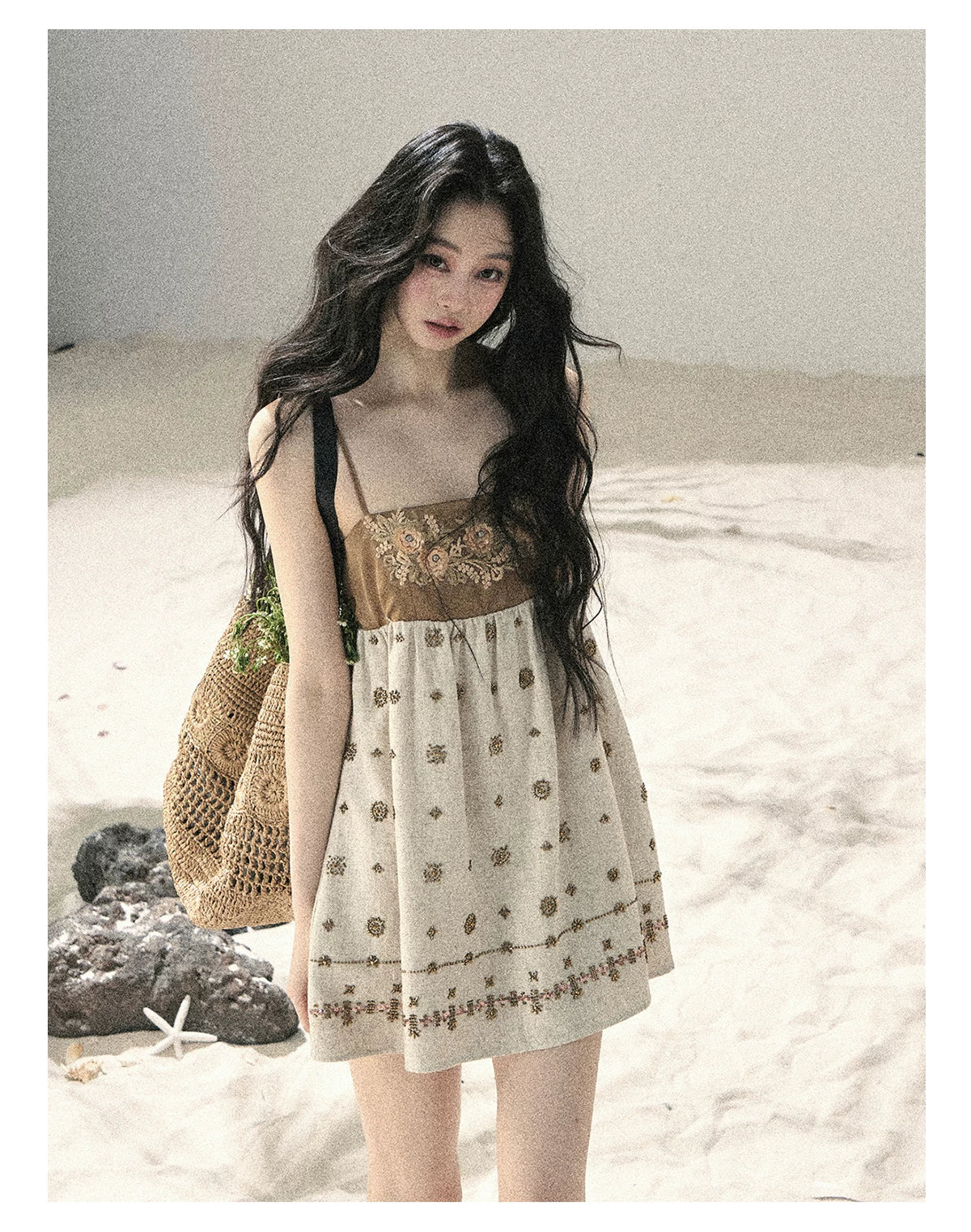 "Whispers Through the Wheat Fields" Oat Beige Floral Cami Babydoll Mini Dress