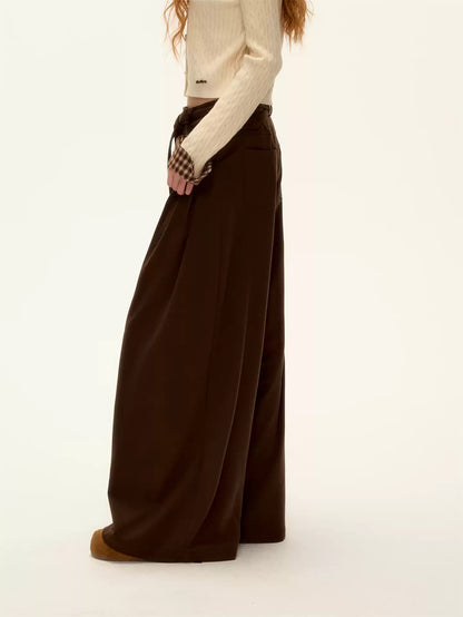 ASGONY - Pleated Wide-Leg Trousers with Detachable Tie (Gray / Brown)
