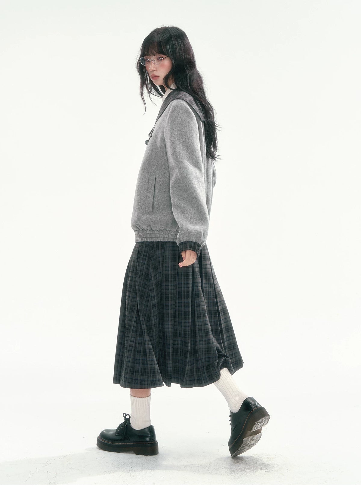 [CAN] Navy Plaid Pleated A-Line Midi Skirt